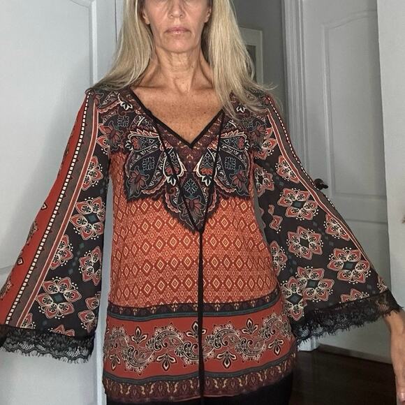 Flying Tomato Black Orange Boho Lace Top Small Halloween Witchy Goth Fall - Picture 1 of 6